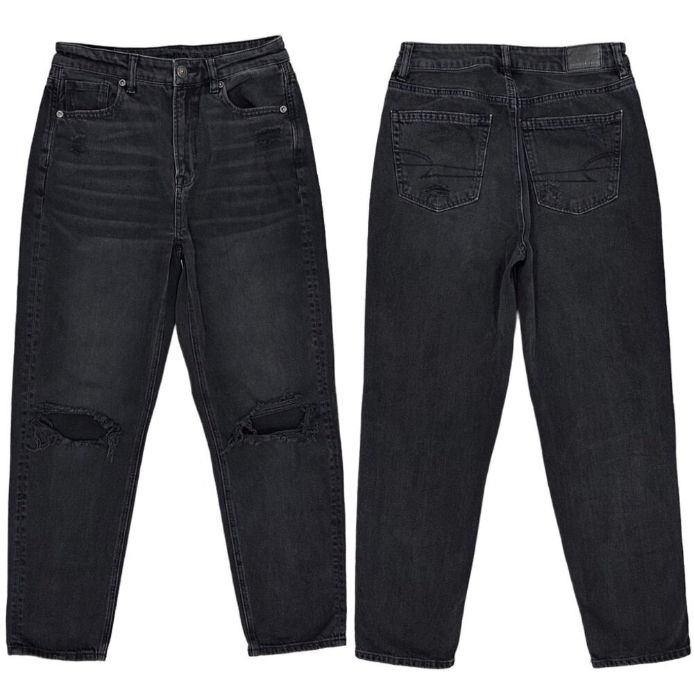 American Eagle High Rise Ripped Distressed Mom Straight Jeans in Faded Black